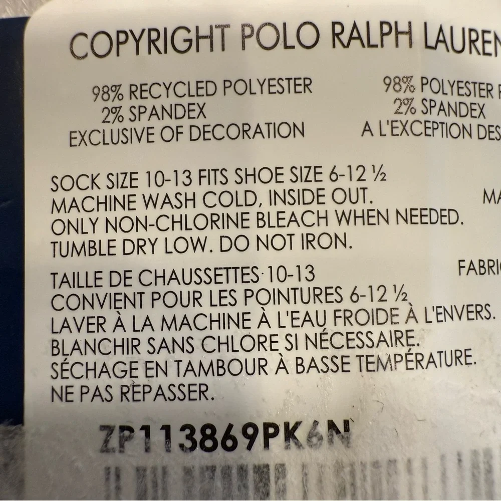 Polo Ralph Lauren 6-Pairs Black Quarter Crew Socks Classic Sport Men’s Sz 6-12.5